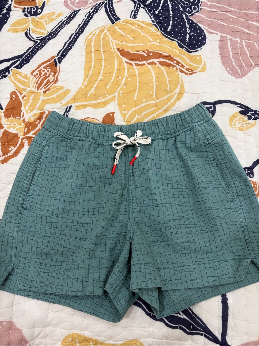 Topo Designs Teal Grid Elastic-Waist Shorts